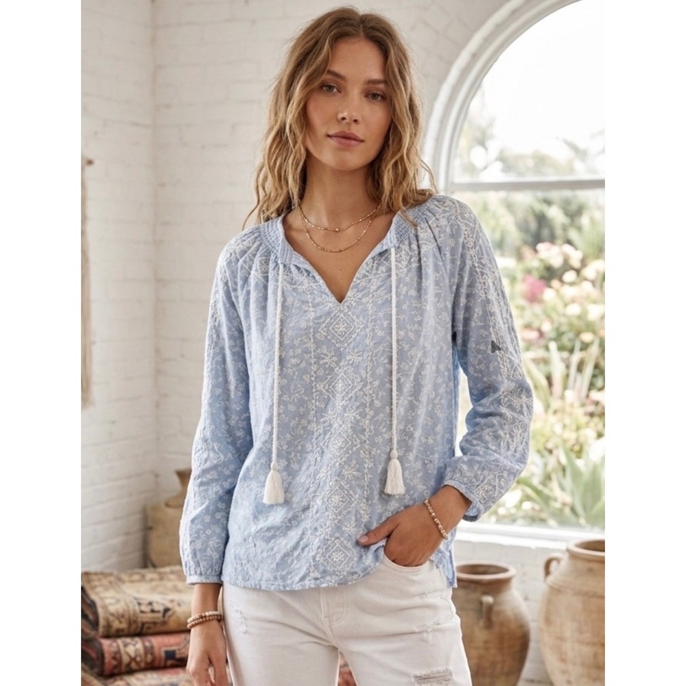Joie Blue Embroidered Peasant Blouse Tassel Tie Split Neck Long Sleeve Size M